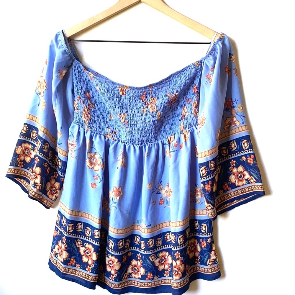 Lily White Floral blue cold shoulder top, Size S
